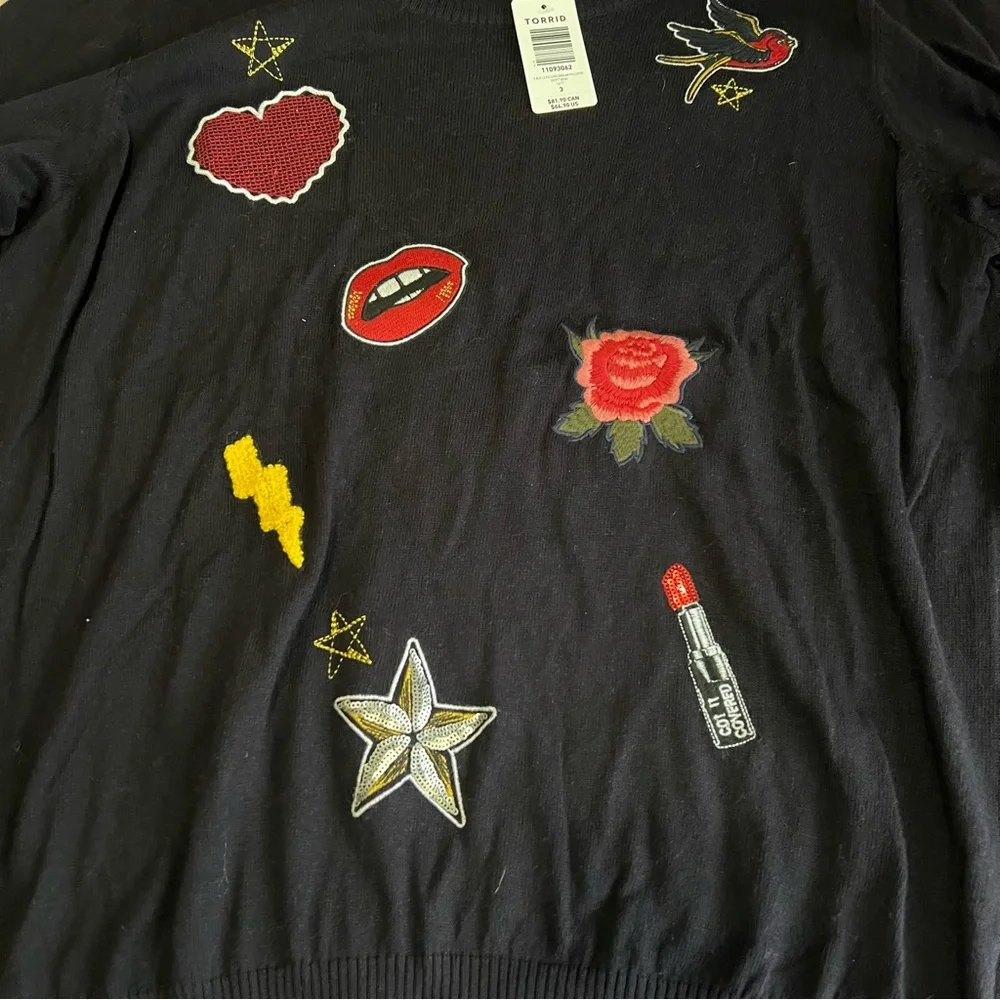 Torrid Black Crew Neck Sweater with Colorful Patches - Picture 2 of 7